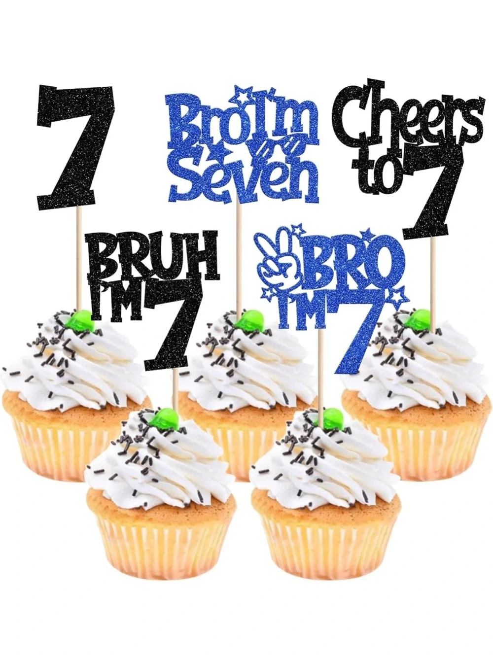 Glitter Number 7 Cupcake Toppers - Blue & Black Celebration Picks